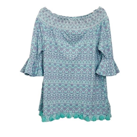Cabana Life Blue and Green Off-shoulder Top with Tassel Hem - Picture 2 of 10